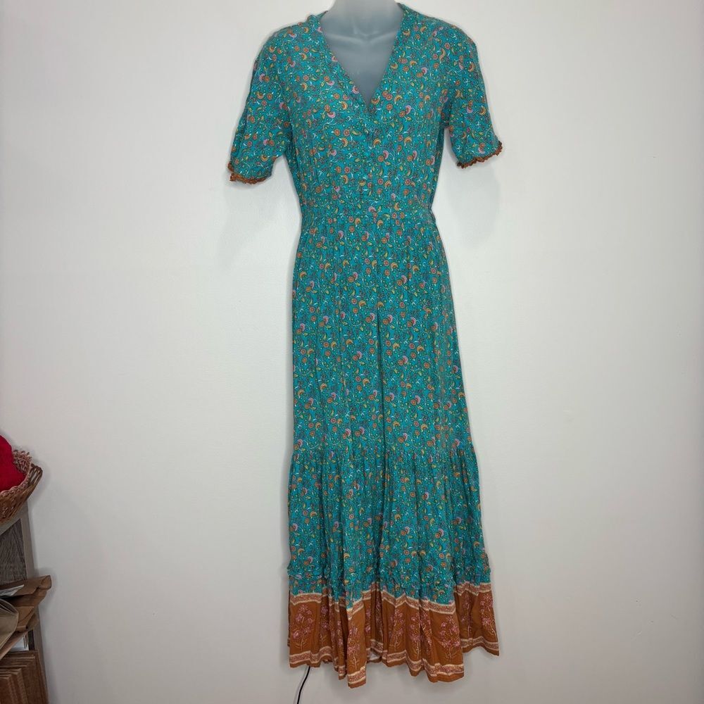 Cottagecore Boho Prairie style maxi dress floral print blue orange size small - Picture 2 of 7